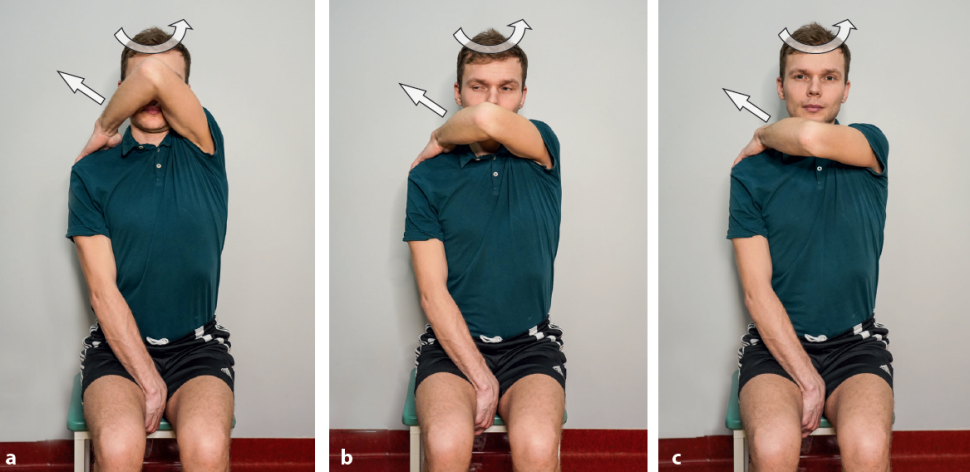 Rozluźnienie: a. górnej części mięśnia czworobocznego (m. trapezius), b. mięśnia dźwigacza łopatki (m. levator scapulae), c. prostowników szyi i głowy