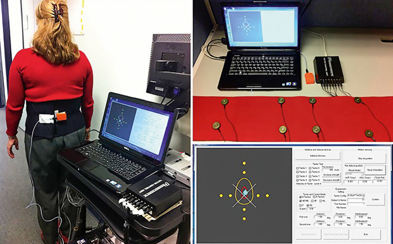 Rys. 2: Zastosowanie wibroterapii do poprawy kontroli postawy ciała u osób z zaburzeniami układu przedsionkowego. Urządzenie składa się z pasa i nakładek, które wibrują, aby „ostrzec” pacjenta o utracie stabilności posturalnej. Osiem nakładek umieszczonych jest wokół talii (Technologia opracowana przez dr Kathleen Sienko, Uniwersytet Michigan, Ann Arbor, MI, USA).